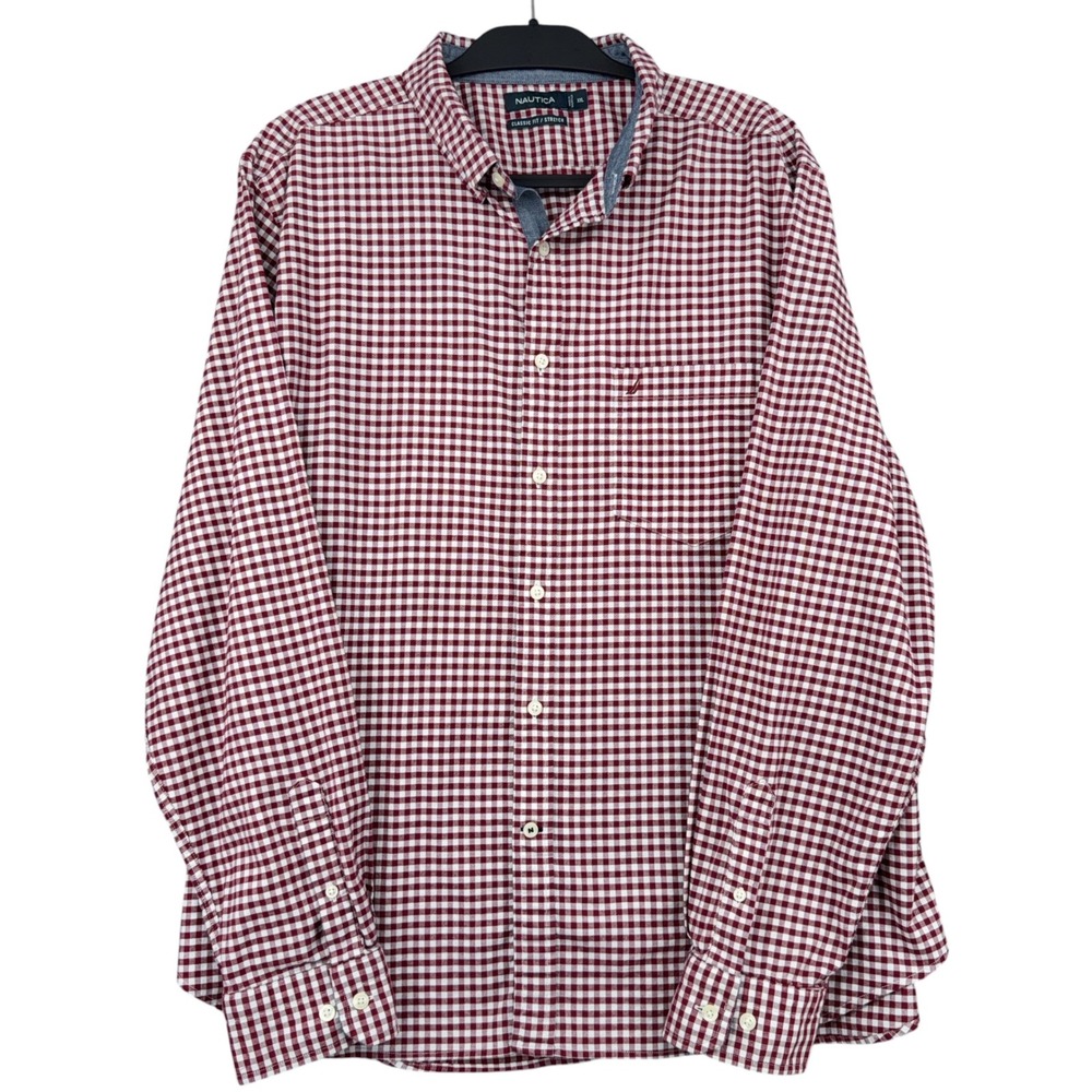 Nautica Classic Fit Button Down Mens XXL Cotton Elastane Burgundy White Gingham